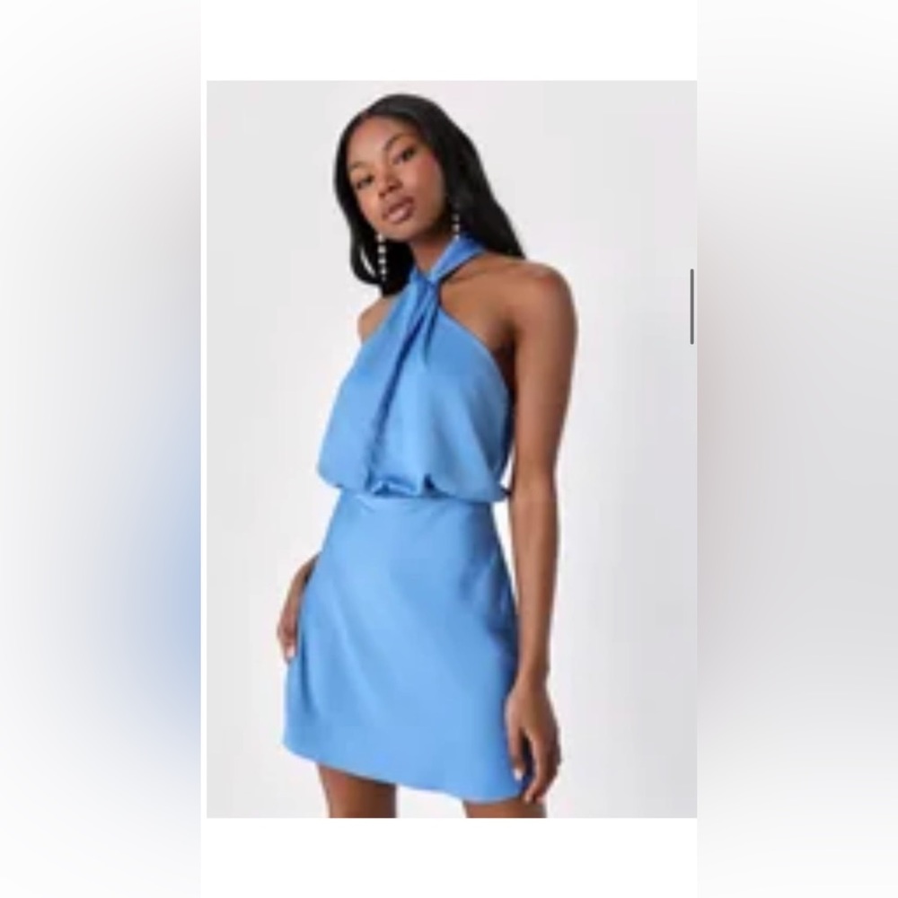 Lulus Sleek Essence Blue satin halter sleeveless mini dress